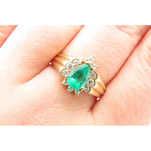 66 - Pear Cut Emerald and Diamond Ladies Ring Mounted in 18 Carat Yellow Gold Ring Size R and a Half