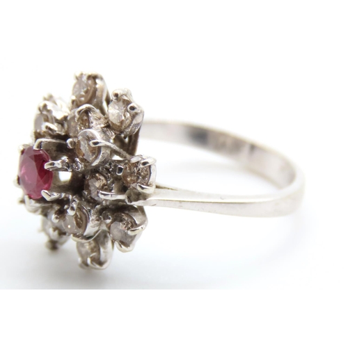 74 - Ruby and Diamond Ladies Cluster Ring Mounted on 18 Carat White Gold Ring Size M