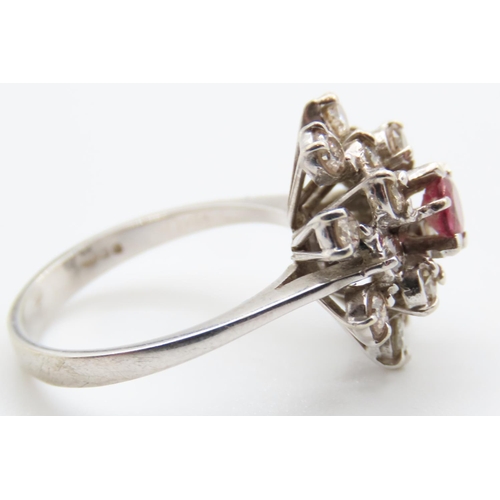 74 - Ruby and Diamond Ladies Cluster Ring Mounted on 18 Carat White Gold Ring Size M