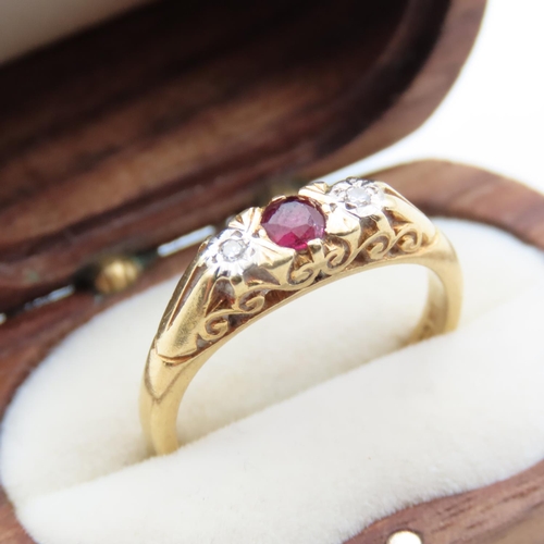 75 - Ruby and Diamond Three Stone Ring Set in 18 Carat Yellow Gold Ring Size M and a Half