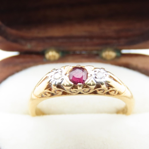 75 - Ruby and Diamond Three Stone Ring Set in 18 Carat Yellow Gold Ring Size M and a Half