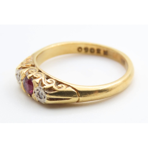 75 - Ruby and Diamond Three Stone Ring Set in 18 Carat Yellow Gold Ring Size M and a Half