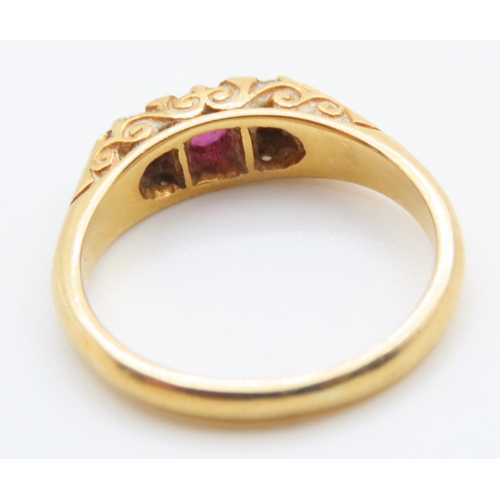 75 - Ruby and Diamond Three Stone Ring Set in 18 Carat Yellow Gold Ring Size M and a Half