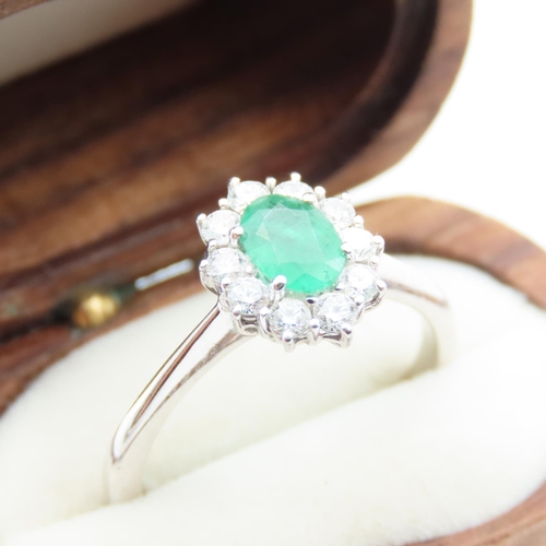 85 - Emerald and Diamond Ladies Ring Set in 18 Carat White Gold Ring Size Q