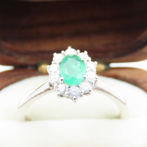 85 - Emerald and Diamond Ladies Ring Set in 18 Carat White Gold Ring Size Q