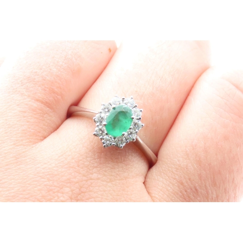 85 - Emerald and Diamond Ladies Ring Set in 18 Carat White Gold Ring Size Q