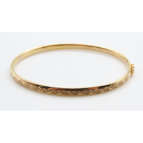 99 - 9 Carat Yellow Gold Bangle with Diamond Cut Design Inner Width 6cm