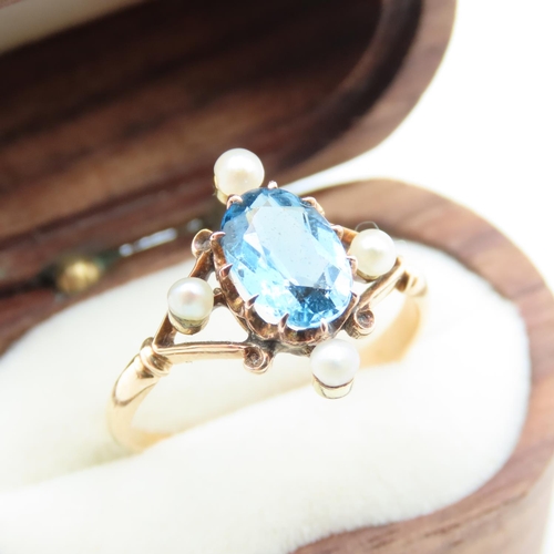 Blue Topaz and Seed Pearl Set Ladies Ring Set in 18 Carat Yellow Gold Ring Size O and a Half