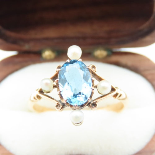 8 - Blue Topaz and Seed Pearl Set Ladies Ring Set in 18 Carat Yellow Gold Ring Size O and a Half Aquamar... 