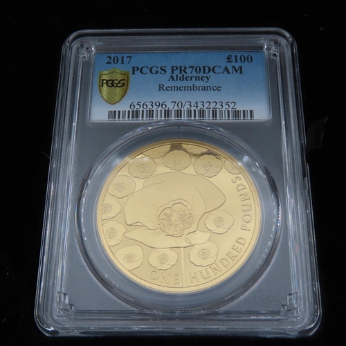 States of Alderney Remembrance Poppy One Hundred Pounds Ounce Gold Coin Dated 2017
31.1g PCGS PR70DCAM
This 24ct gold One Hundred Pounds coin commemorates all of the men and women across the generations who lost their lives in battle. Struck to the highest Proof-quality finish, this lasting tribute is limited to an edition of just 250 worldwide.