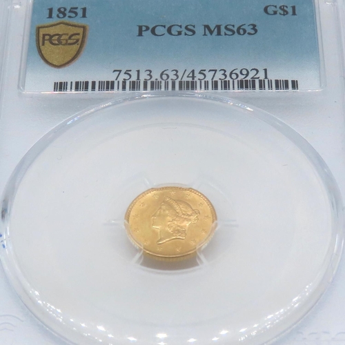 557 - 1851 Gold Type 1 Liberty Head $1 Coin PCGS MS63 1.7g 90% AU. This 1851 Liberty Head Gold Dollar Coin... 