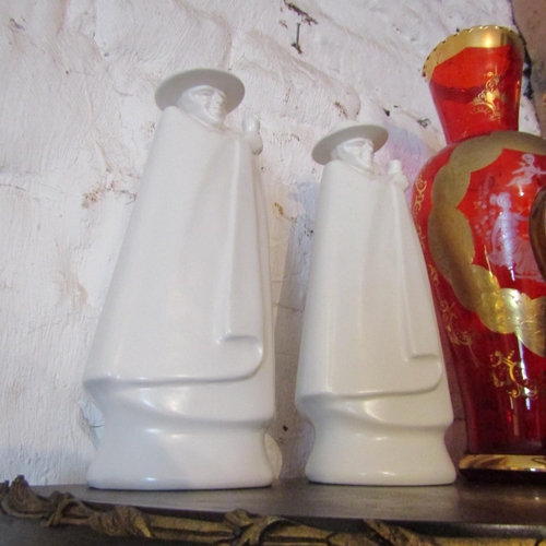 11 - Pair of Etched Ruby Glass Vases Gilded Decoration Two Lustre Ware Vases and Two Sandeman Port Bottle... 