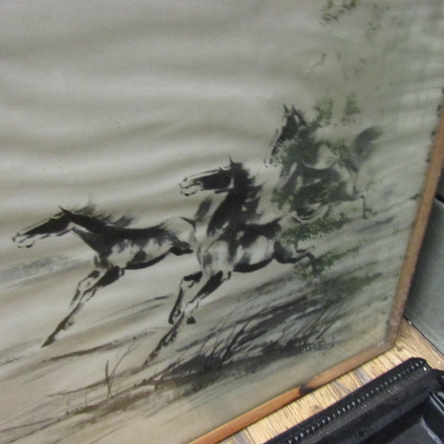 111 - Oriental Ink Painting Galloping Steed Signed with Characters Approximately 18 Inches High x 22 Inche... 