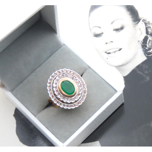 Bezel Set Emerald Centre stone Ring with Double Diamond Halo Setting Set Mounted on 9 Carat Yellow Gold Ring Size P Lot Includes Original Photograph of Claudine Auger Illustrated,Bond Girl 'Thunderball' 1965