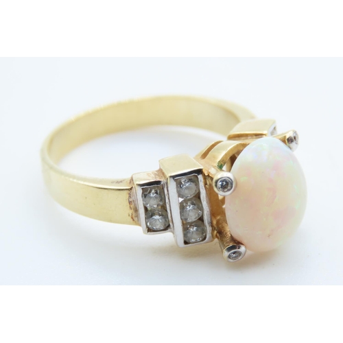 1422 - Centre stone Oval Cut Cabochon Polished Opal and Diamond Ladies Ring Set in 18 Carat Yellow Gold Rin... 