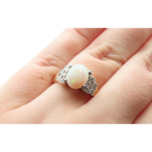 1422 - Centre stone Oval Cut Cabochon Polished Opal and Diamond Ladies Ring Set in 18 Carat Yellow Gold Rin... 