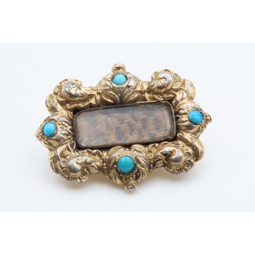 1426 - Antique English 15 Carat Yellow Gold Turquoise Set Georgian Mourning Brooch