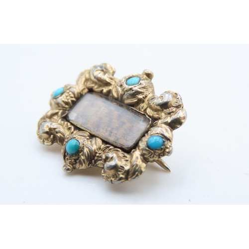 1426 - Antique English 15 Carat Yellow Gold Turquoise Set Georgian Mourning Brooch