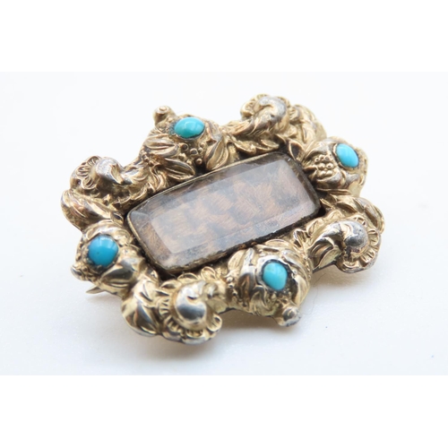 1426 - Antique English 15 Carat Yellow Gold Turquoise Set Georgian Mourning Brooch