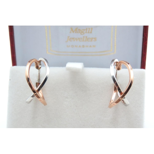 1430 - Pair of 9 Carat Rose and White Gold Crossover Design Hoop Earrings Each 2.5cm High