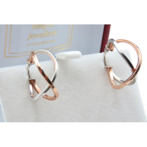 1430 - Pair of 9 Carat Rose and White Gold Crossover Design Hoop Earrings Each 2.5cm High