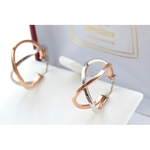 1430 - Pair of 9 Carat Rose and White Gold Crossover Design Hoop Earrings Each 2.5cm High