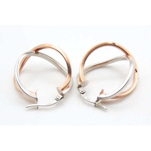 1430 - Pair of 9 Carat Rose and White Gold Crossover Design Hoop Earrings Each 2.5cm High