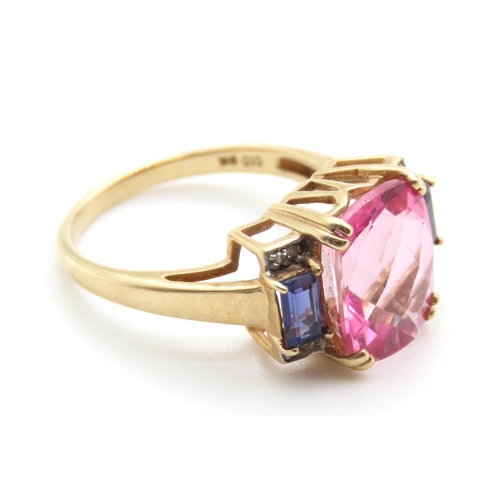 1431 - Pink Tourmaline Iolite and Diamond Set Ladies Ring Mounted in 9 Carat Yellow Gold Ring Size P