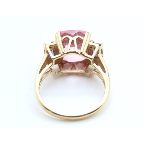 1431 - Pink Tourmaline Iolite and Diamond Set Ladies Ring Mounted in 9 Carat Yellow Gold Ring Size P