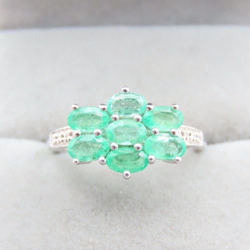 1433 - Seven Stone Emerald Cluster Ring Mounted on 9 Carat White Gold Further Diamonds Set to Shoulders Rin... 