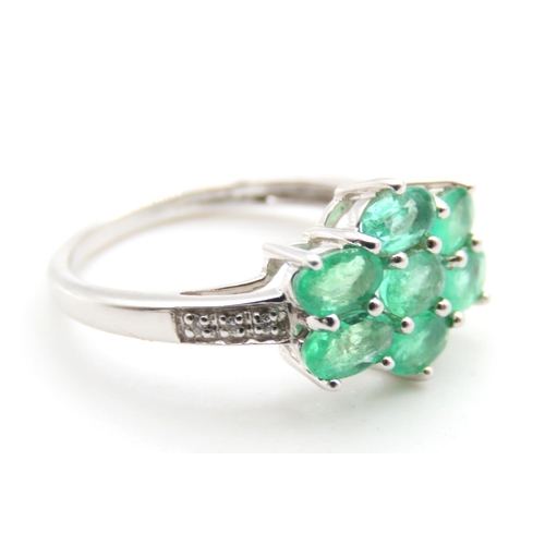 1433 - Seven Stone Emerald Cluster Ring Mounted on 9 Carat White Gold Further Diamonds Set to Shoulders Rin... 