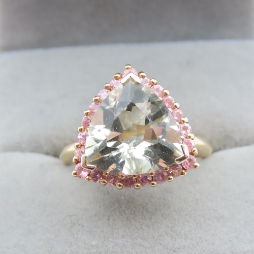 1434 - Trilliant Cut Green Amethyst Ring with Pink Tourmaline Halo Set in 9 Carat Yellow Gold Ring Size N