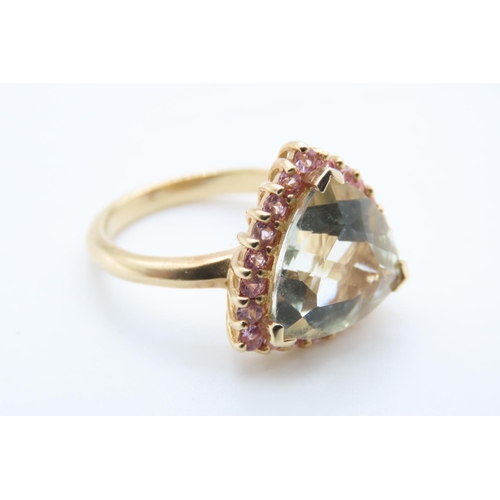 1434 - Trilliant Cut Green Amethyst Ring with Pink Tourmaline Halo Set in 9 Carat Yellow Gold Ring Size N