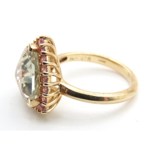 1434 - Trilliant Cut Green Amethyst Ring with Pink Tourmaline Halo Set in 9 Carat Yellow Gold Ring Size N