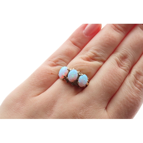 1435 - Three Stone Opal Ring Set in 9 Carat Yellow Gold Ring Size P