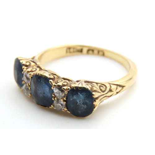 1437 - Three Stone Sapphire and Diamond Ring Line Set Mounted on 18 Carat Yellow Gold Band  Size L and a Ha... 