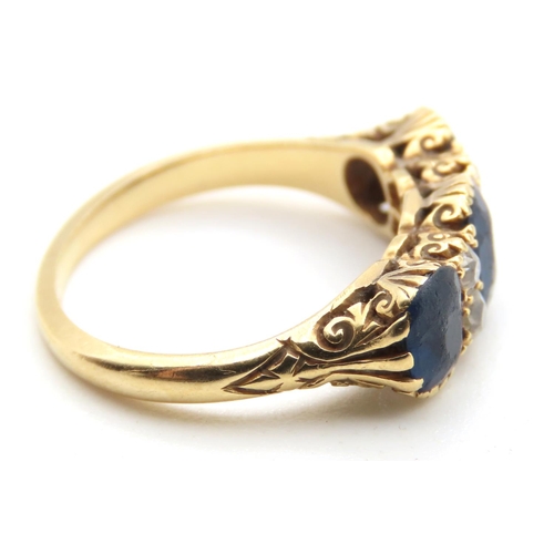 1437 - Three Stone Sapphire and Diamond Ring Line Set Mounted on 18 Carat Yellow Gold Band  Size L and a Ha... 