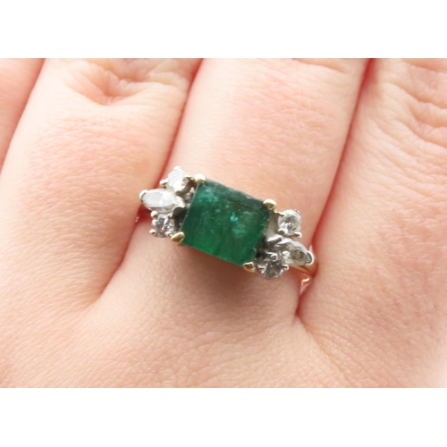 1451 - Emerald And Diamond Ring Attractively Detailed Mounted in 18 Yellow Gold Ring Size V