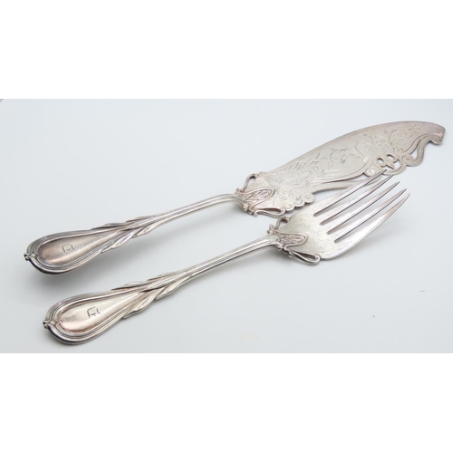 1455 - Pair of Edwardian Silver Plated Serving Knife and Spoon 32cm Long with Silver Fork 25cm Long