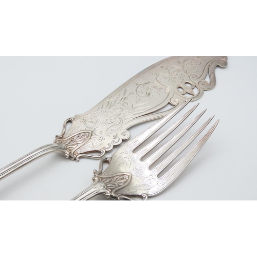 1455 - Pair of Edwardian Silver Plated Serving Knife and Spoon 32cm Long with Silver Fork 25cm Long