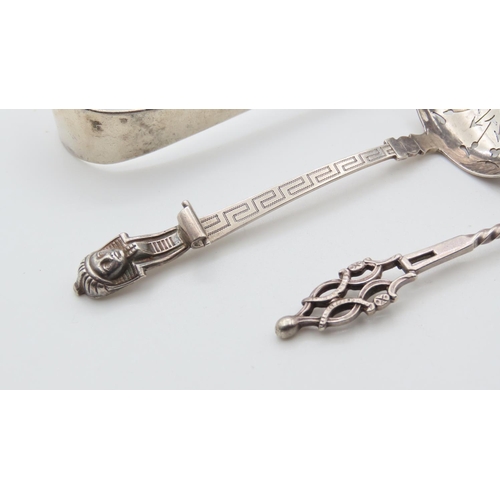 1456 - Various Silver Items Including Silver Sugar Sifter Spoon Egyptian Motif Three Pieces in Lot