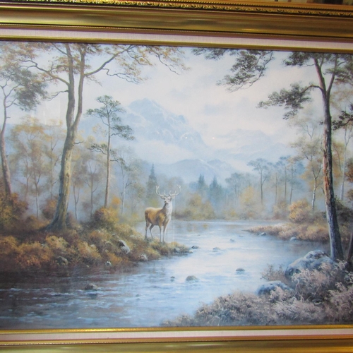 156 - Gilt Framed Oleograph Stag with River Mountain and Woods Beyond Approximately 20 Inches High x 34 In... 