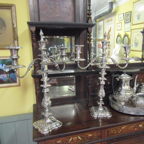 19 - Pair of Sheffield Plate Rocco Form Candelabras Three Sconce Each Approximately 18 Inches High x 16 I... 