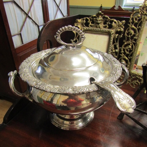 21 - Silver Plated Terrine with Cover and Spoon with Teapot on Spirit Stand Both Original Condition Talle... 