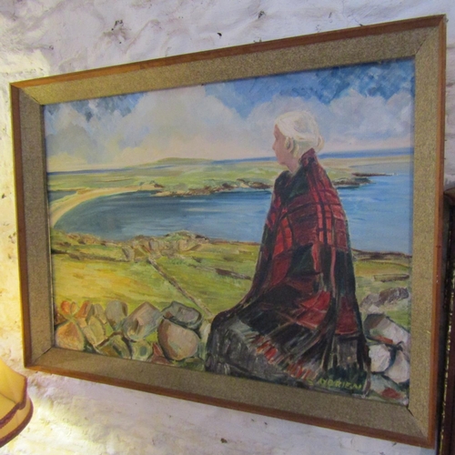 3 - Irish School Portrait Connemara Woman Sky and Sea Beyond Oil on Board Approximately 20 Inches High x... 