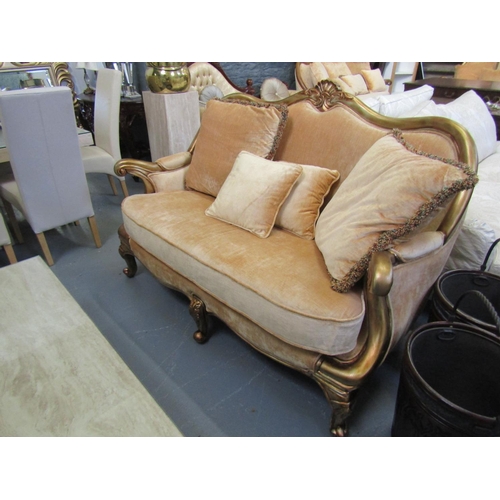 Matching gilded Scroll Arm Settee with Matching Cushions Pale Golden Velvet Upholstery Above Cabriole Supports Approximately 6ft Wide