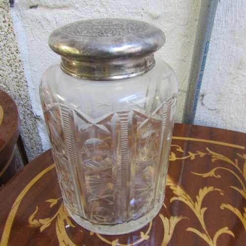 Silver Top Desk Jar Incised Decorate Crystal Approximately 6 Inches High