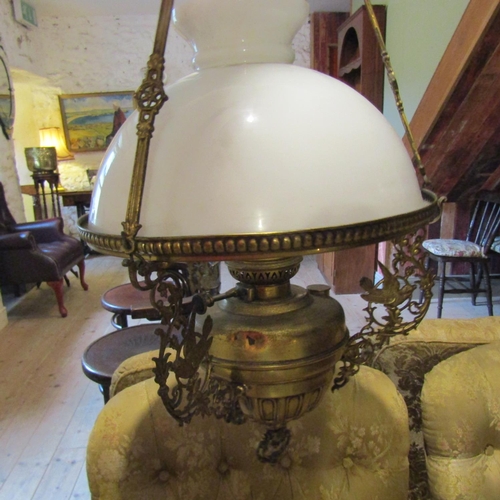 5 - Victorian Cast Brass Ceiling Light Milk Glass Shade Attractively Detailed Original Hanging Chains Pr... 