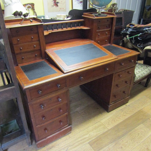 56 - Victorian Mahogany Dicken's Desk with Inset Leather Writing Surface Above Nine Drawers Twin Pedestal... 