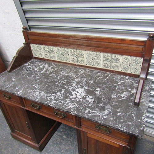 62 - Antique Mahogany Marble Top Side Stand Tiled Back Three Drawers Above Twin Pedestal Base Approximate... 